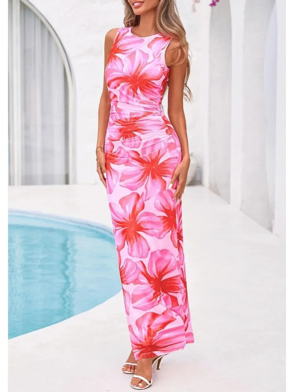 Women Pink Big Floral Polyester Elastane Mesh Sleeveless Bodycon Long Maxi Dress